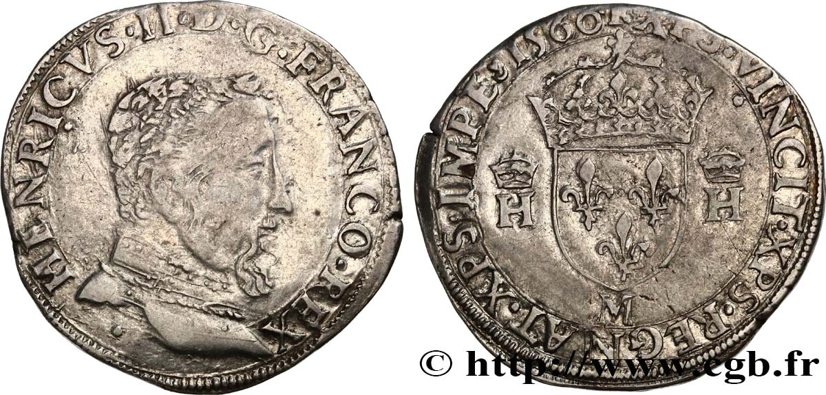 FRANÇOIS II. MONNAYAGE AU NOM D HENRI II Teston à la tête nue, 5e type 1560 Toulouse TTB