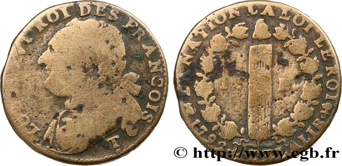 LOUIS XVI (MONARQUE CONSTITUTIONNEL)  12 deniers dit &nbsp;au faisceau&nbsp;, type FRANÇOIS 1792 Saumur B+