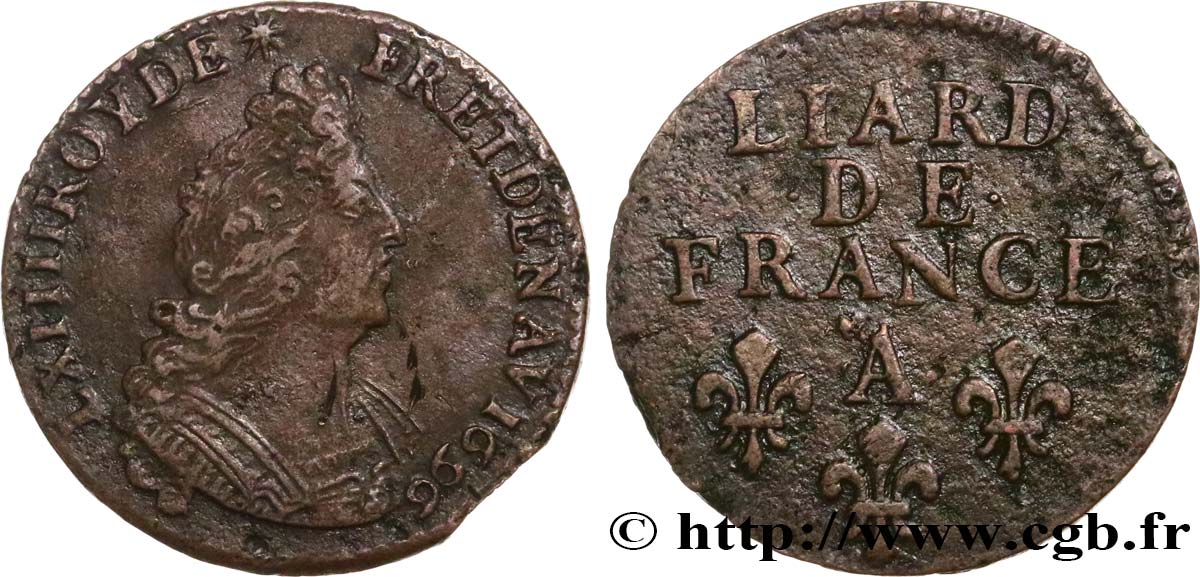 LOUIS XIV  THE SUN KING  Liard, 3e type, buste âgé 1696 Paris MBC