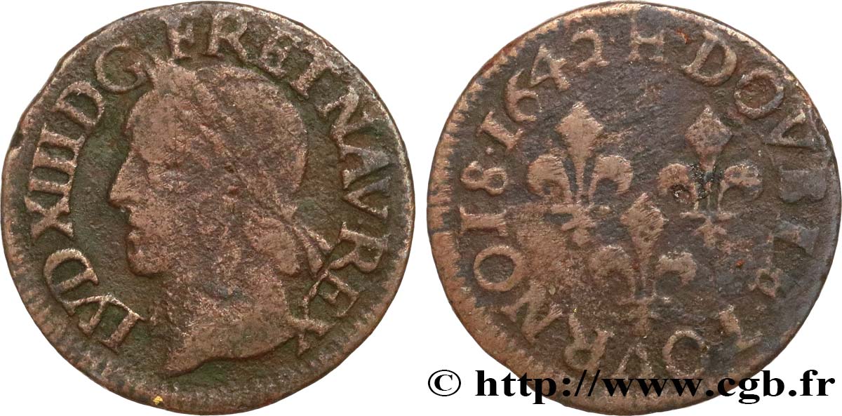 LOUIS XIII  Double tournois, type de Warin 1642 La Rochelle VF