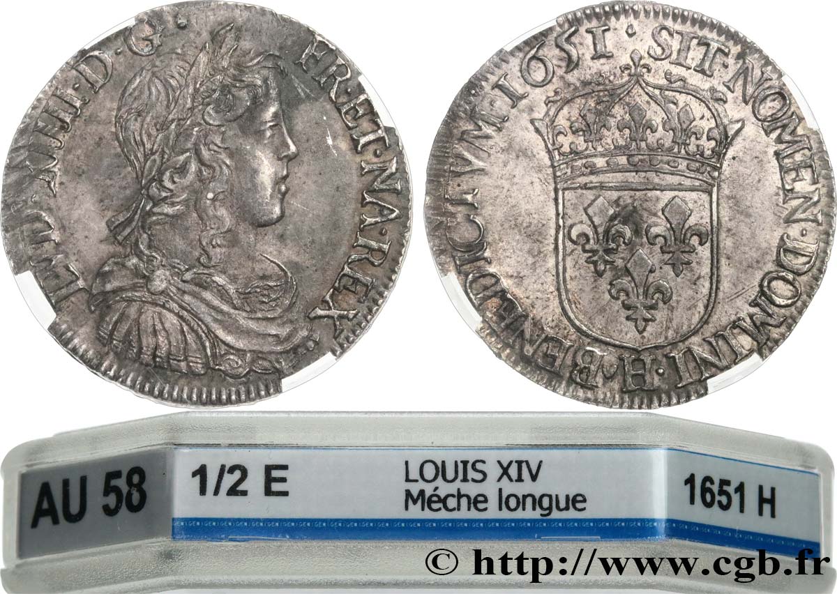 LOUIS XIV  THE SUN KING  Demi-écu, portrait à la mèche longue 1651 La Rochelle VZ58