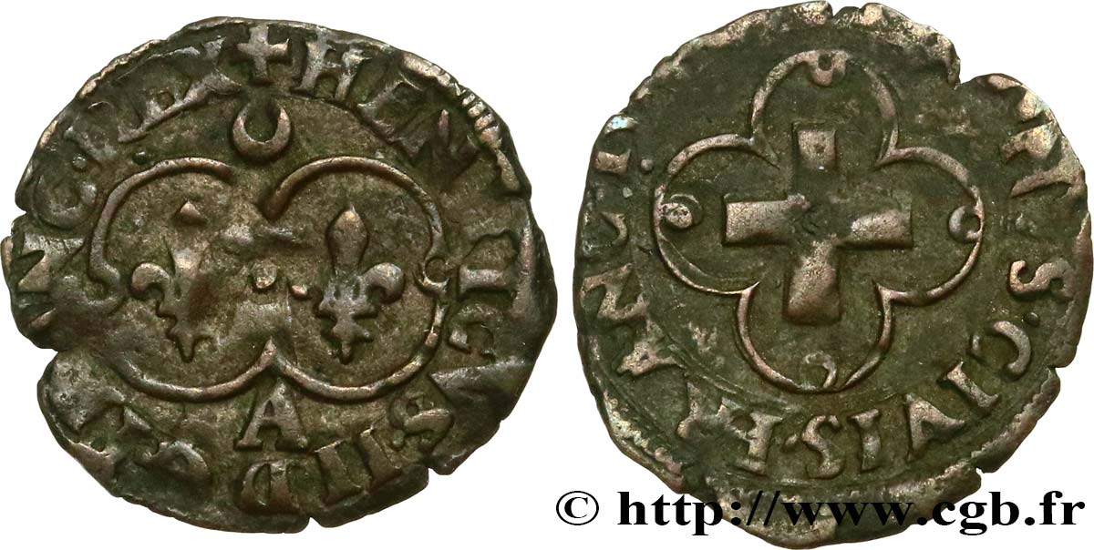 HENRY II Denier tournois au croissant, 2e type 1557 Paris VF