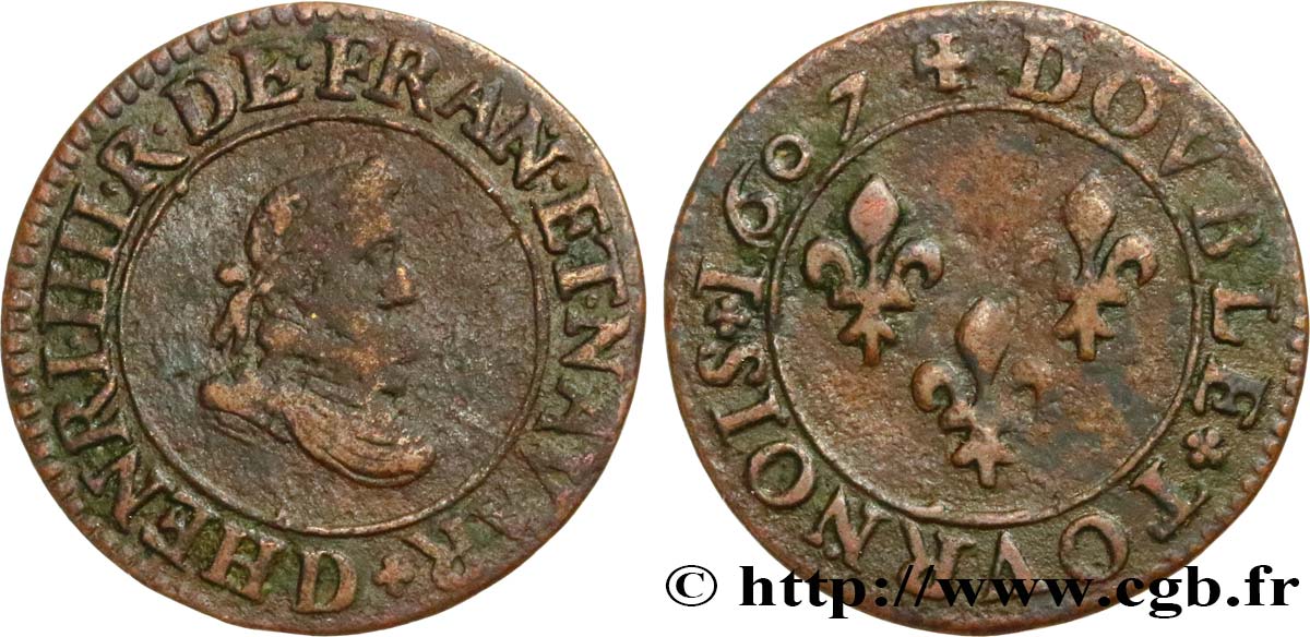 HENRI IV LE GRAND Double tournois, 1er type 1607 Lyon TB+
