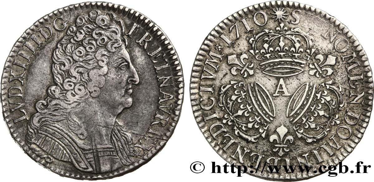 LOUIS XIV  THE SUN KING  Demi-écu aux trois couronnes 1710 Paris q.SPL