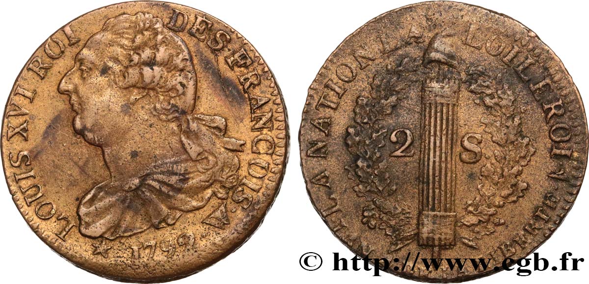 LOUIS XVI (MONARQUE CONSTITUTIONNEL)  2 sols dit  au faisceau , type FRANÇOIS 1792 Lille TTB