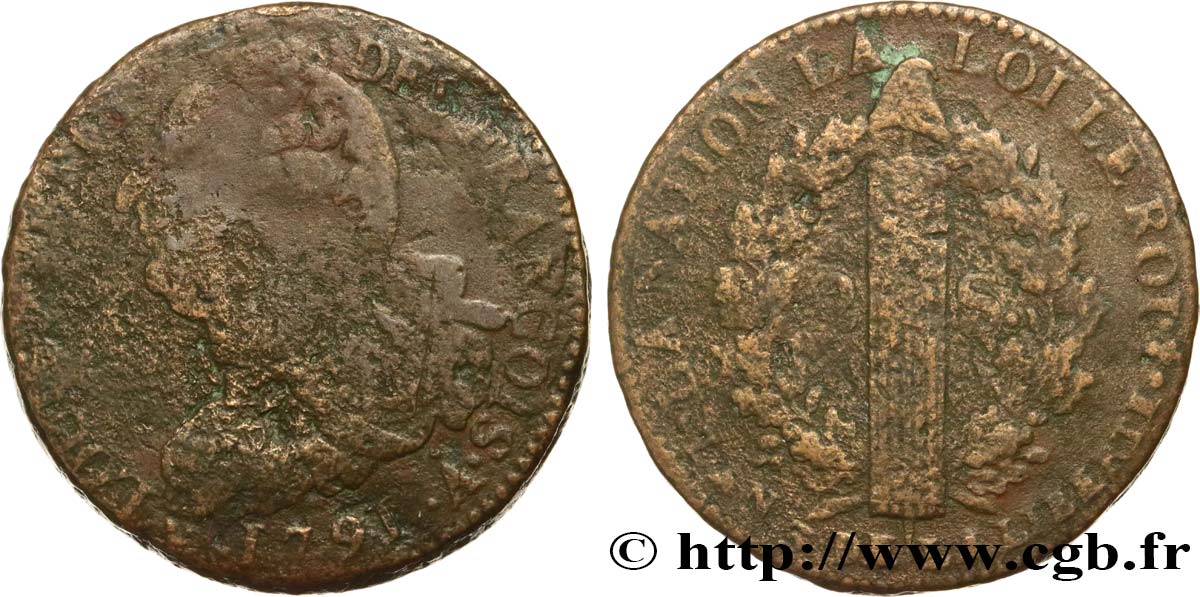 LOUIS XVI (MONARQUE CONSTITUTIONNEL)  2 sols dit  au faisceau , type FRANÇOIS 1791 Paris B+