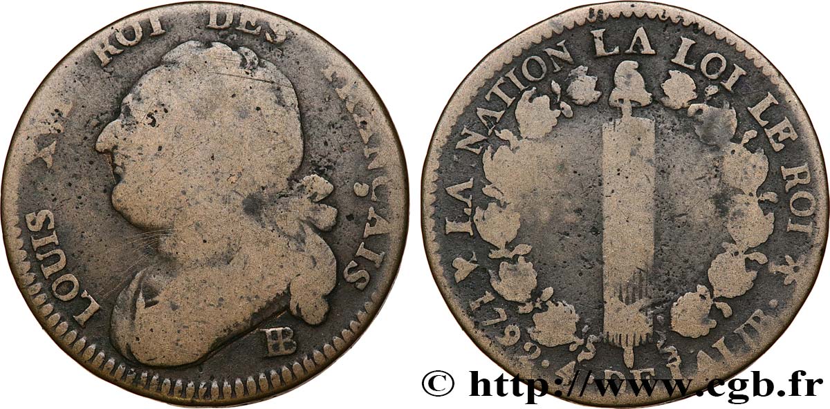 LOUIS XVI (MONARQUE CONSTITUTIONNEL)  12 deniers dit &nbsp;au faisceau&nbsp;, type FRANÇAIS 1792 Strasbourg B+