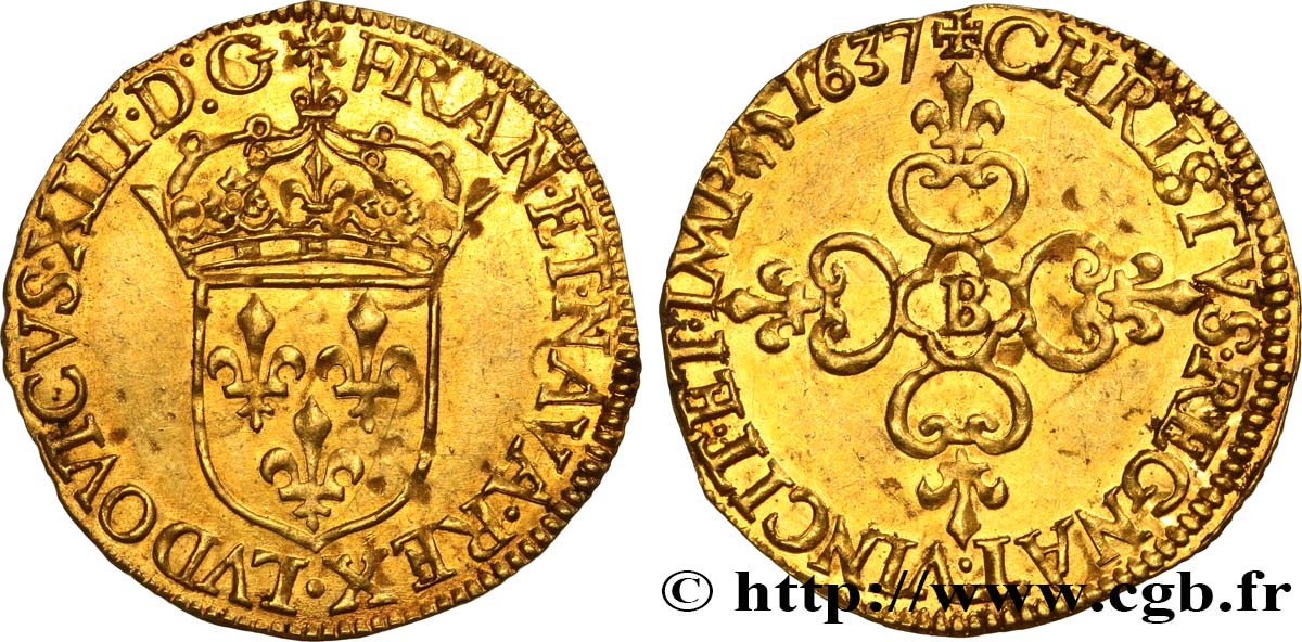 LOUIS XIII LE JUSTE Écu d or au soleil, à la croix anillée fleurdelisée 1637 Rouen SUP