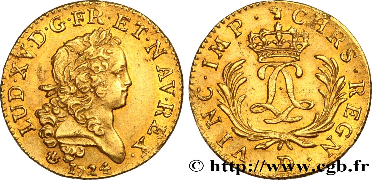 LOUIS XV THE BELOVED Louis d or aux deux L entrelacées et aux palmes longues 1724 Lyon AU