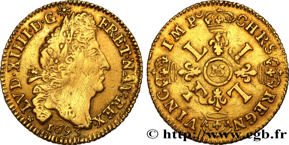 LOUIS XIV  THE SUN KING  Louis d or aux quatre L 1693 Toulouse BC+/MBC