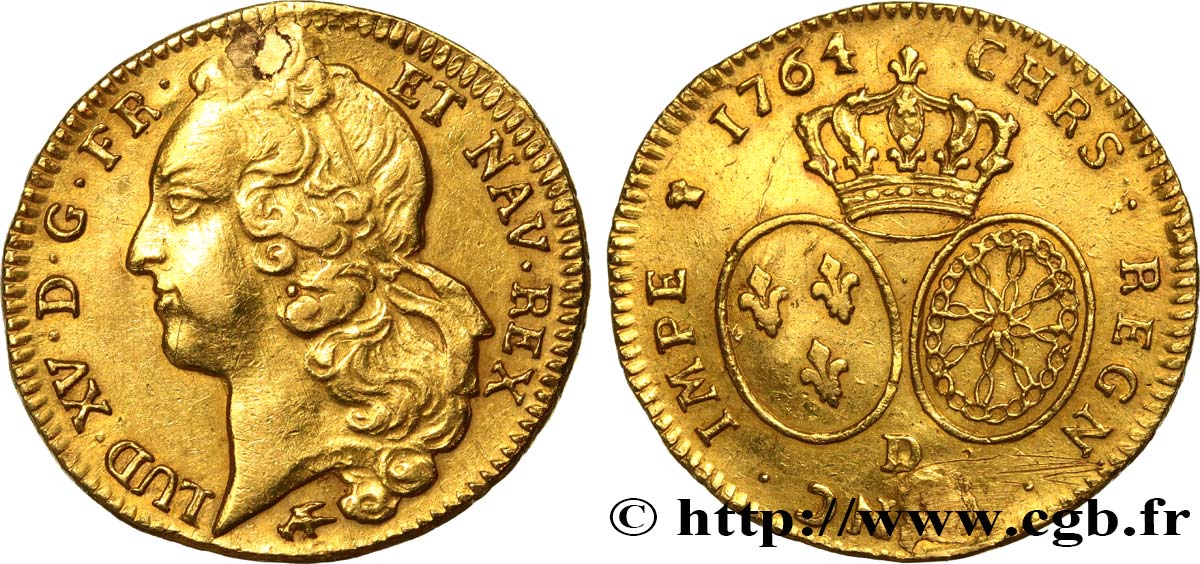 LOUIS XV  THE WELL-BELOVED  Double louis d’or aux écus ovales, tête ceinte d’un bandeau 1764 Lyon BB