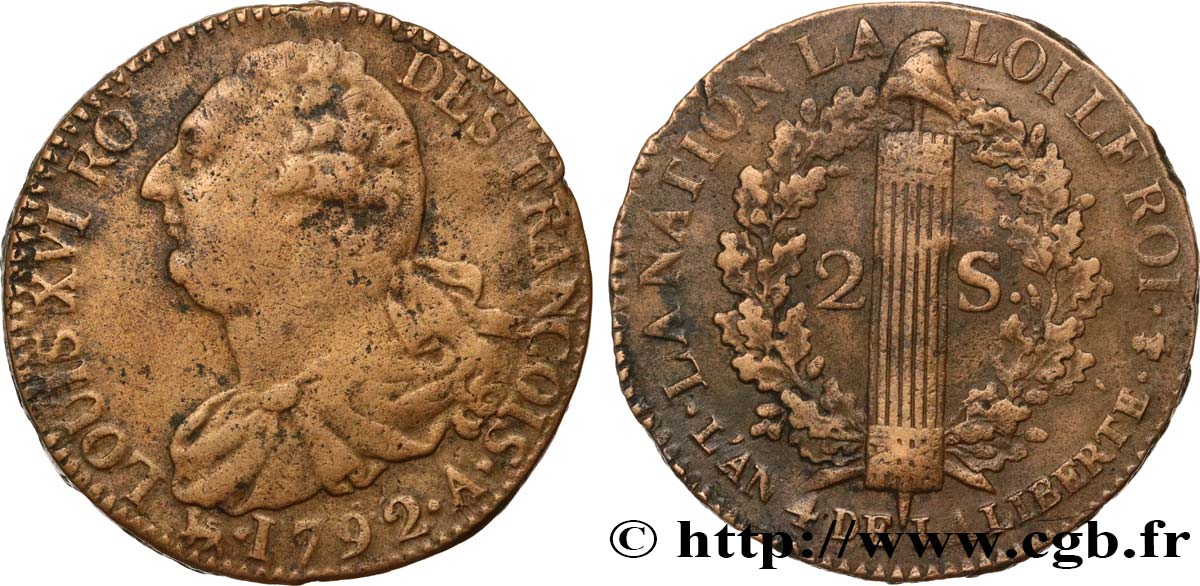 LOUIS XVI 2 sols dit  au faisceau , type FRANÇOIS 1792 Paris VF/XF