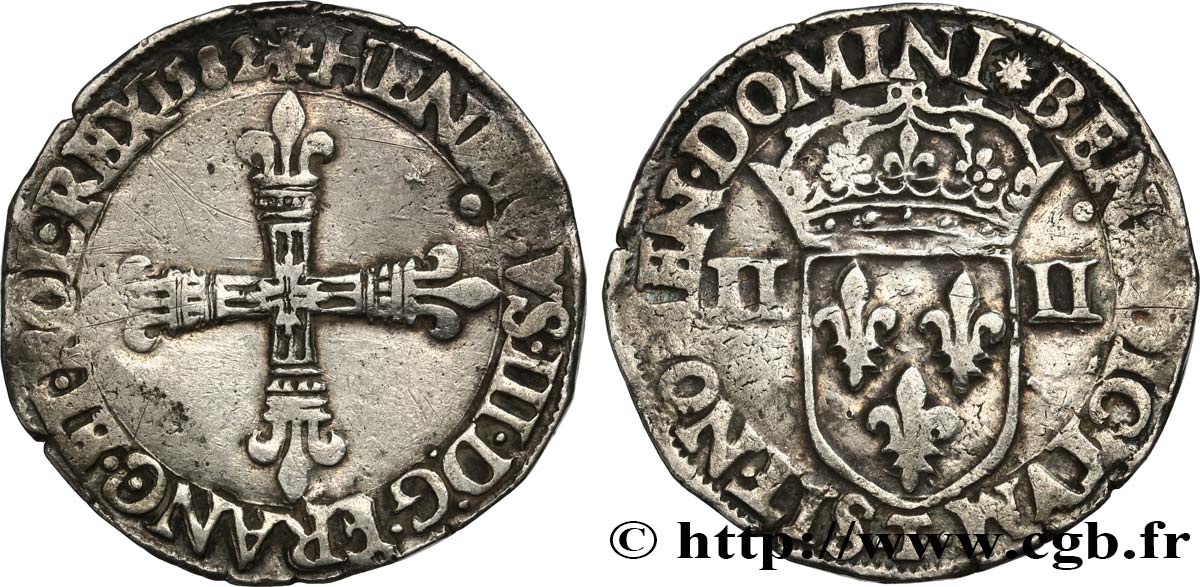 HENRY III Quart d écu, croix de face 1582 Nantes VF