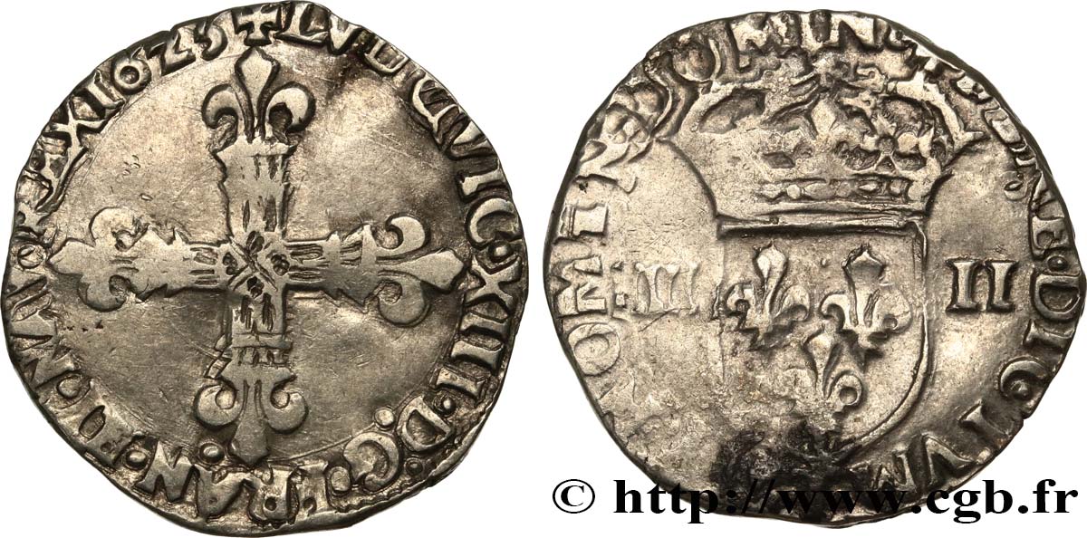 LOUIS XIII LE JUSTE Quart d écu, à la croix fleurdelisée, titulature côté croix 1623 Nantes TB+