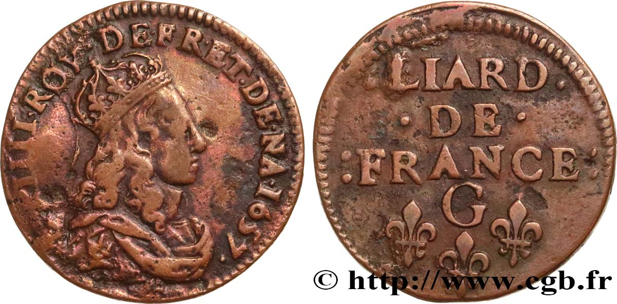 LOUIS XIV  THE SUN KING  Liard de cuivre, 2e type 1657 Lusignan VF