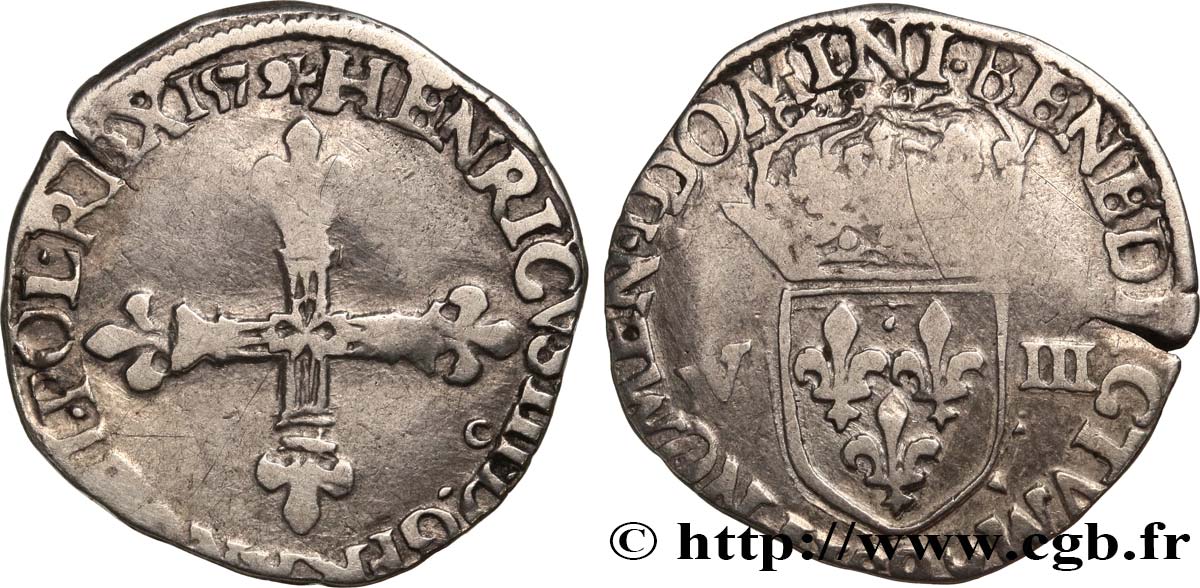 HENRI III Huitième d écu, croix de face 1579 Rennes TB