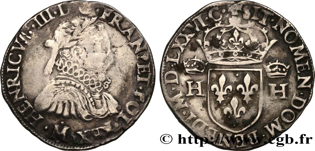 HENRY III Teston, 3e type, col fraisé 1576 Toulouse fSS/SS