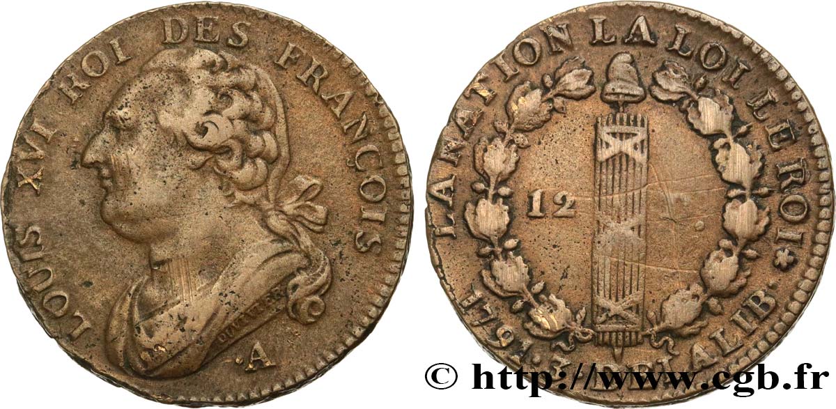LOUIS XVI (MONARQUE CONSTITUTIONNEL)  12 deniers dit  au faisceau , type FRANÇOIS 1791 Paris TB+/TTB