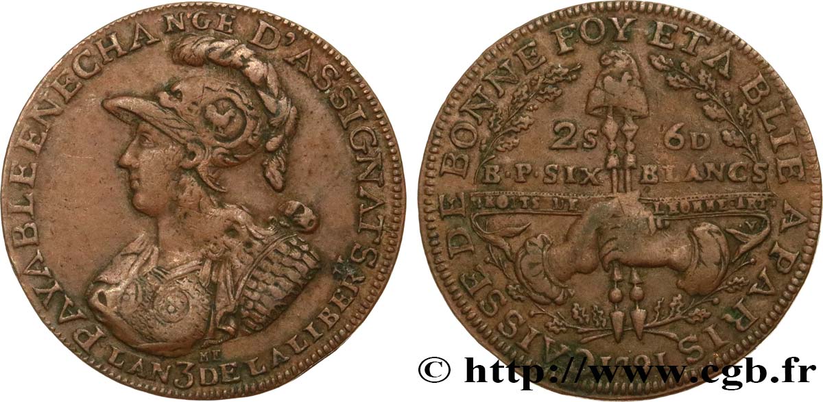 REVOLUTION COINAGE Six blancs de Montagny 1791 s.l. fSS