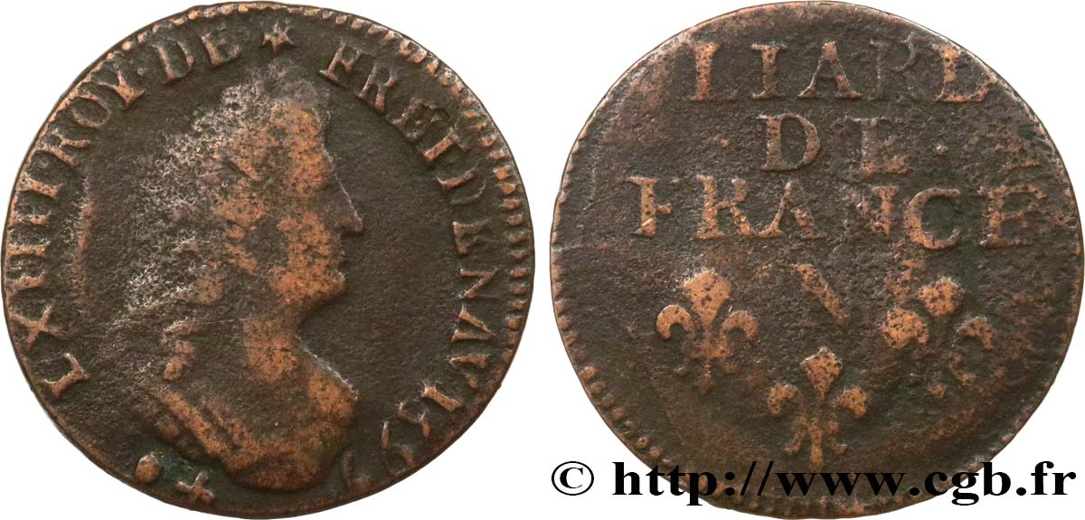 LOUIS XIV LE GRAND OU LE ROI SOLEIL Liard, 3e type, buste âgé 1697 Montpellier TB