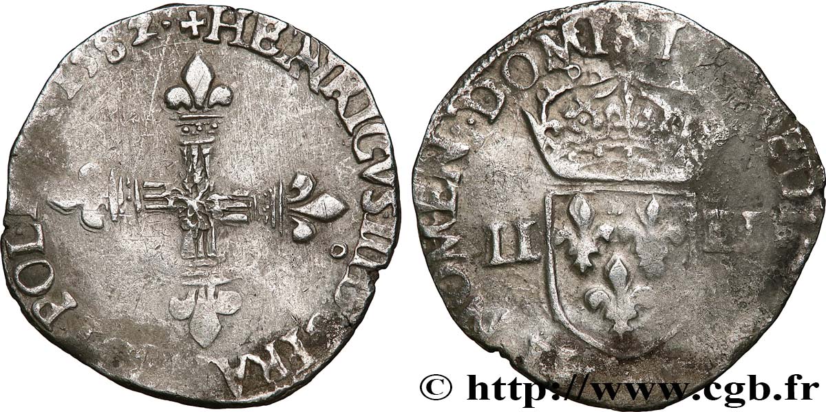 HENRI III Quart d écu, croix de face 1582 Rennes TB