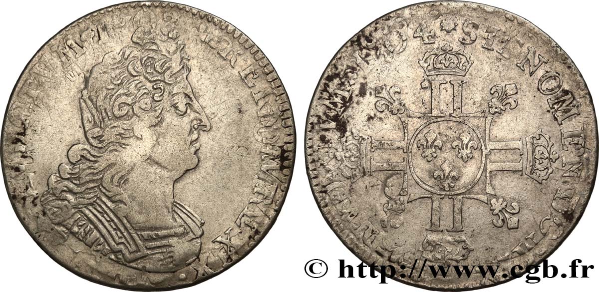 LOUIS XIV  THE SUN KING  Quart d écu aux huit L, 2e type 1704  Paris VF