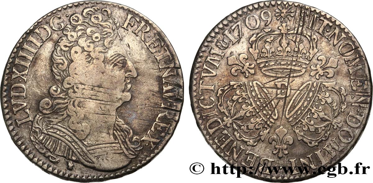 LOUIS XIV  THE SUN KING  Demi-écu aux trois couronnes 1709 Lyon VF/XF