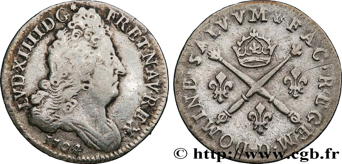 LOUIS XIV  THE SUN KING  10 sols aux insignes 1704 Lyon S