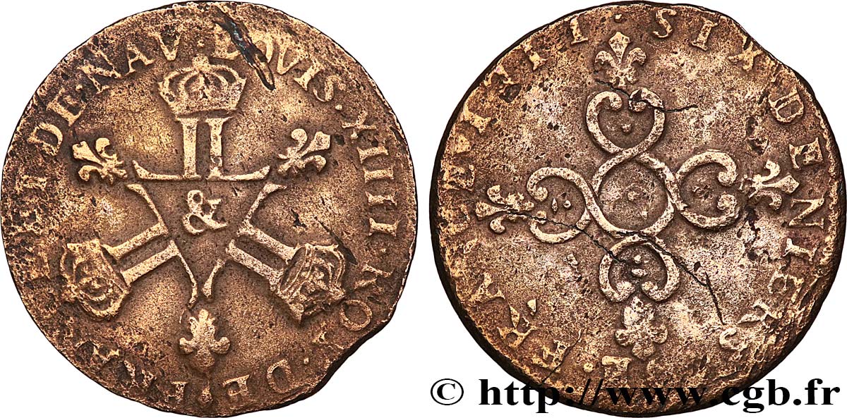 LOUIS XIV LE GRAND OU LE ROI SOLEIL Six deniers dits  Dardenne  1711 Aix-en-Provence TB
