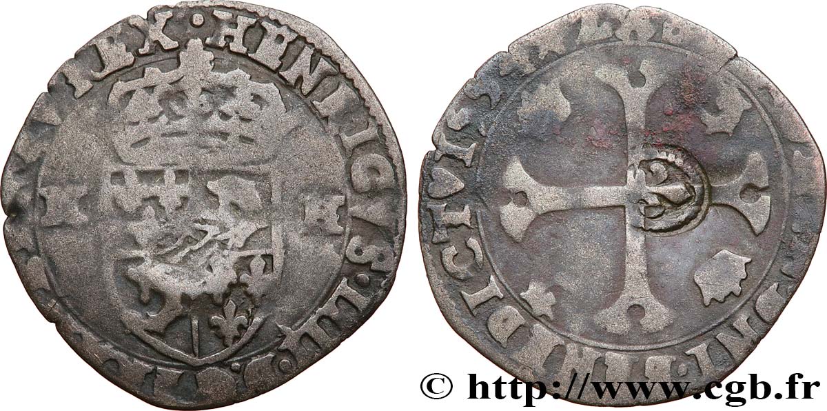 HENRI IV LE GRAND Douzain du Dauphiné aux deux H, 2e type, contremarqué 1594 Grenoble TB