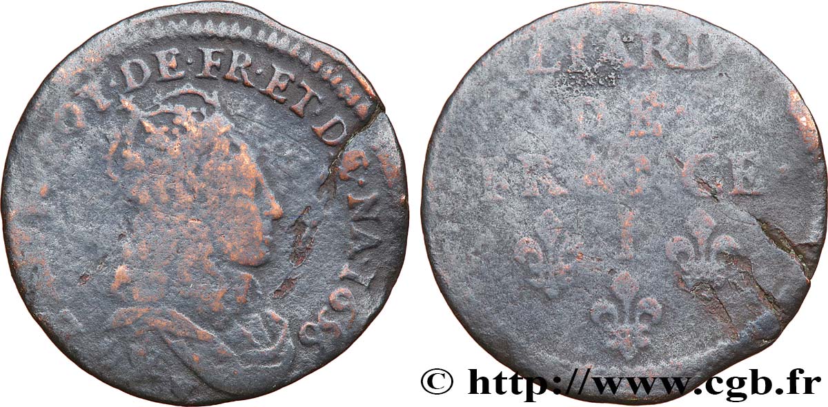 LOUIS XIV LE GRAND OU LE ROI SOLEIL Liard de cuivre, 2e type 1656 Limoges B+