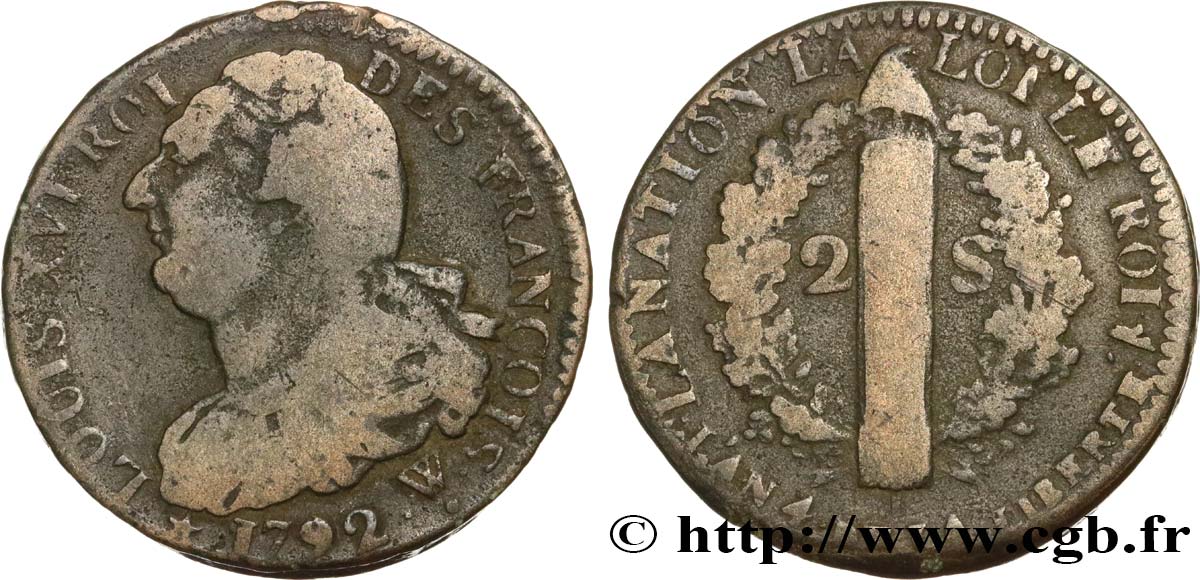 LOUIS XVI (MONARQUE CONSTITUTIONNEL)  2 sols dit  au faisceau , type FRANÇOIS 1792 Lille TB