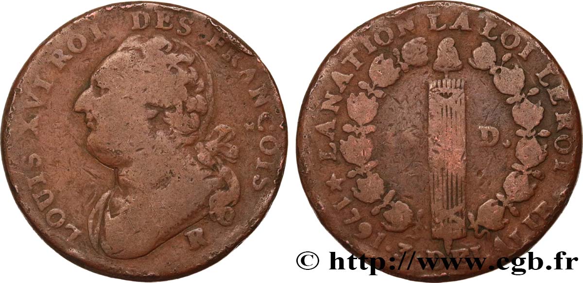 LOUIS XVI 12 deniers dit  au faisceau , type FRANCOIS 1791 Orléans VF