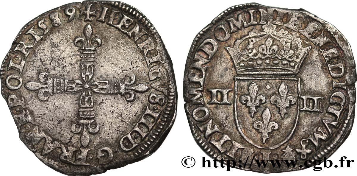 HENRY III Quart d écu, croix de face 1589 Bayonne BB