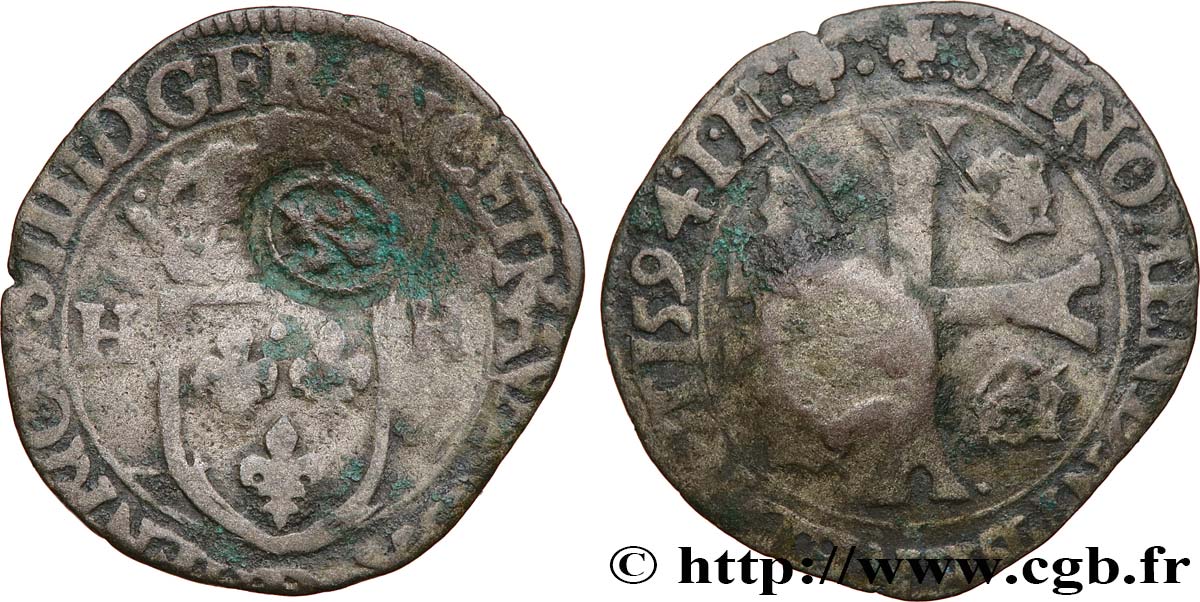 HENRY IV Douzain aux deux H, 1er type 1594 Lyon fSS