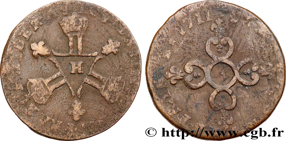LOUIS XIV LE GRAND OU LE ROI SOLEIL Pièce de six deniers 1711 La Rochelle B+