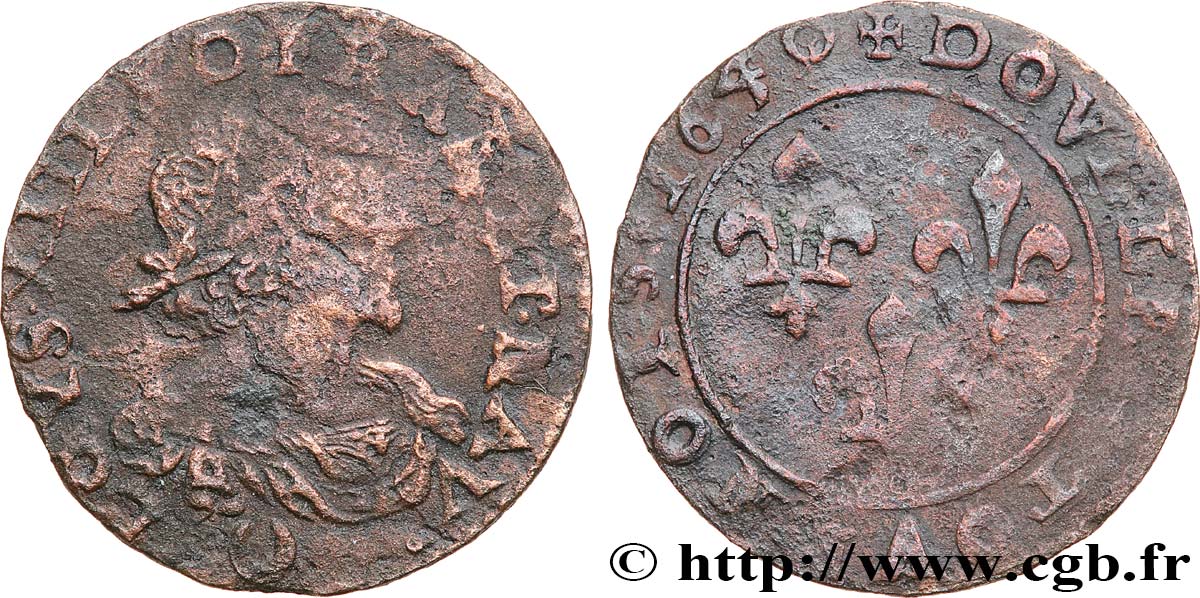 LOUIS XIII  Double tournois au grand buste viril drapé 1640 Ateliers de l’axe Loire-Rhône RC+