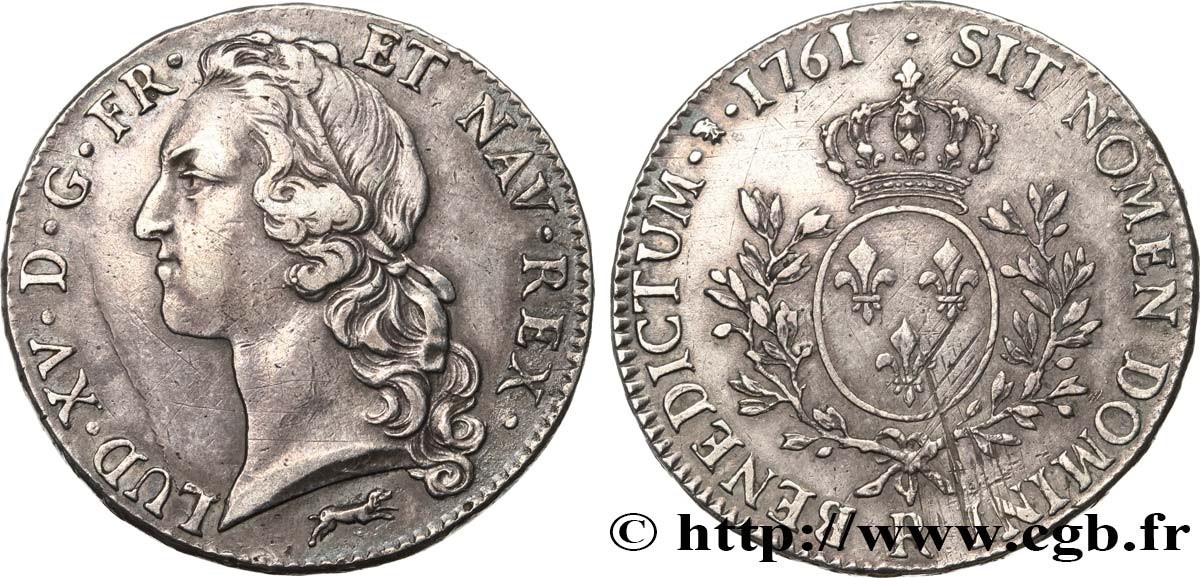 LOUIS XV  THE WELL-BELOVED  Écu aux branches d’olivier, tête ceinte d’un bandeau 1761 Orléans q.BB/BB