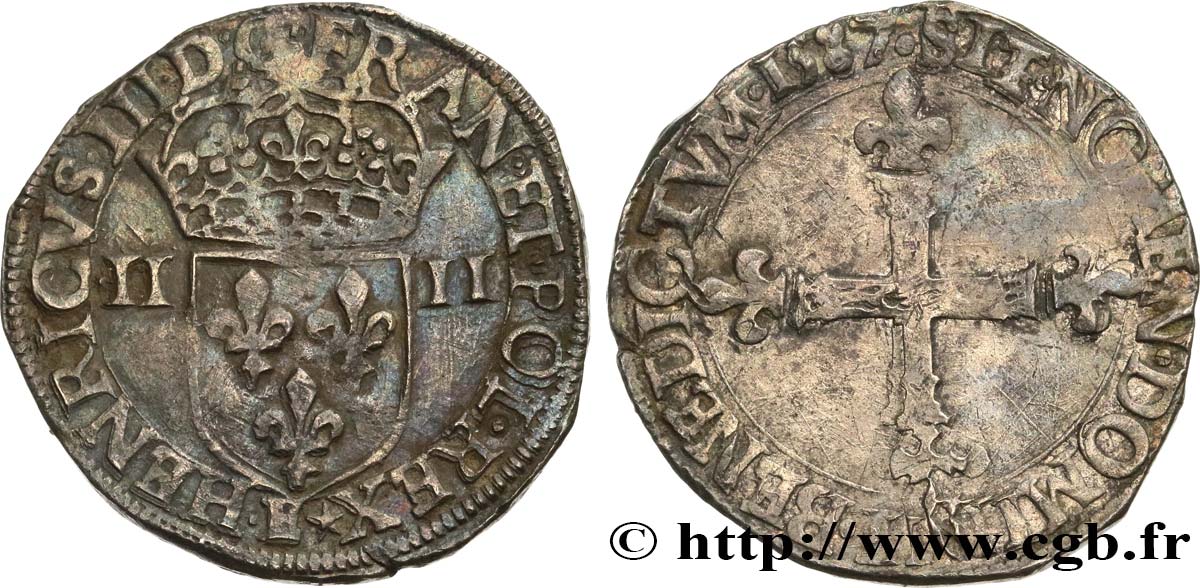 HENRI III Quart d écu, écu de face 1587 Tours TTB