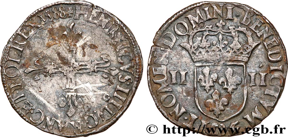 HENRI III Quart d écu, croix de face 1588 Rennes TB+