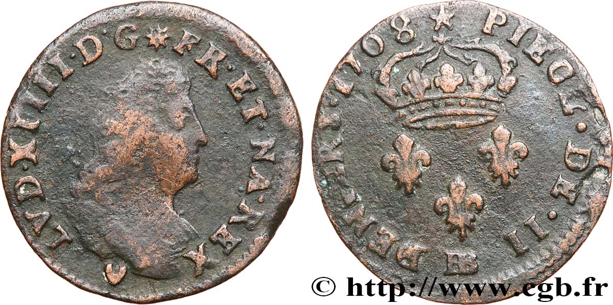 LOUIS XIV  THE SUN KING  II deniers, légende latine 1708 Strasbourg VF/VF