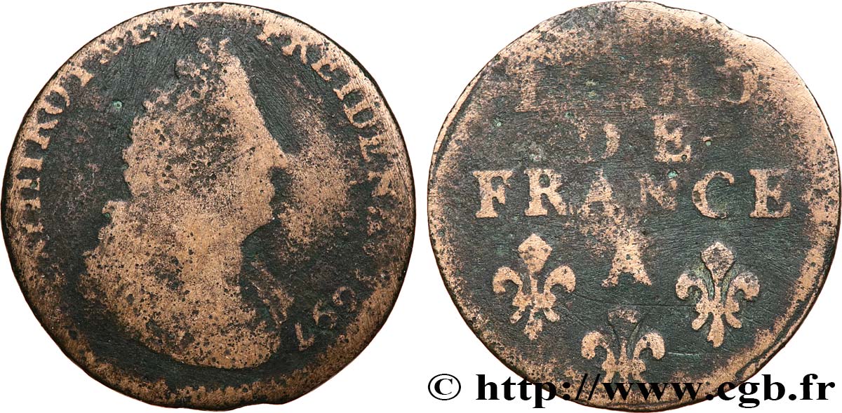 LOUIS XIV &nbsp;THE SUN KING&nbsp; Liard, 3e type, buste âgé 1697 Paris SGE