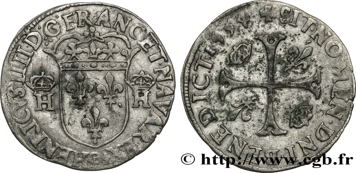HENRI IV LE GRAND Douzain aux deux H couronnées, 3e type 1594 Clermont-Ferrand TTB+