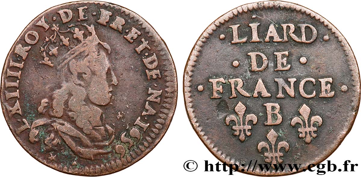LOUIS XIV  THE SUN KING  Liard de cuivre, 2e type 1656 Pont-de-l’Arche S/SS