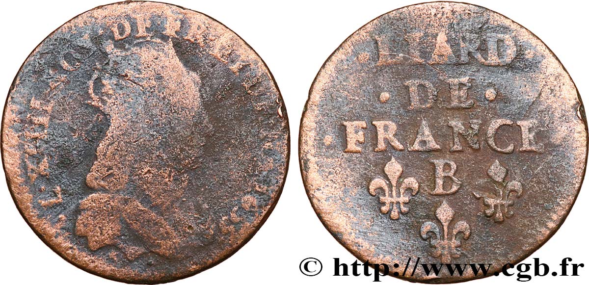 LOUIS XIV LE GRAND OU LE ROI SOLEIL Liard de cuivre, 2e type 1655 Pont-de-l’Arche B+