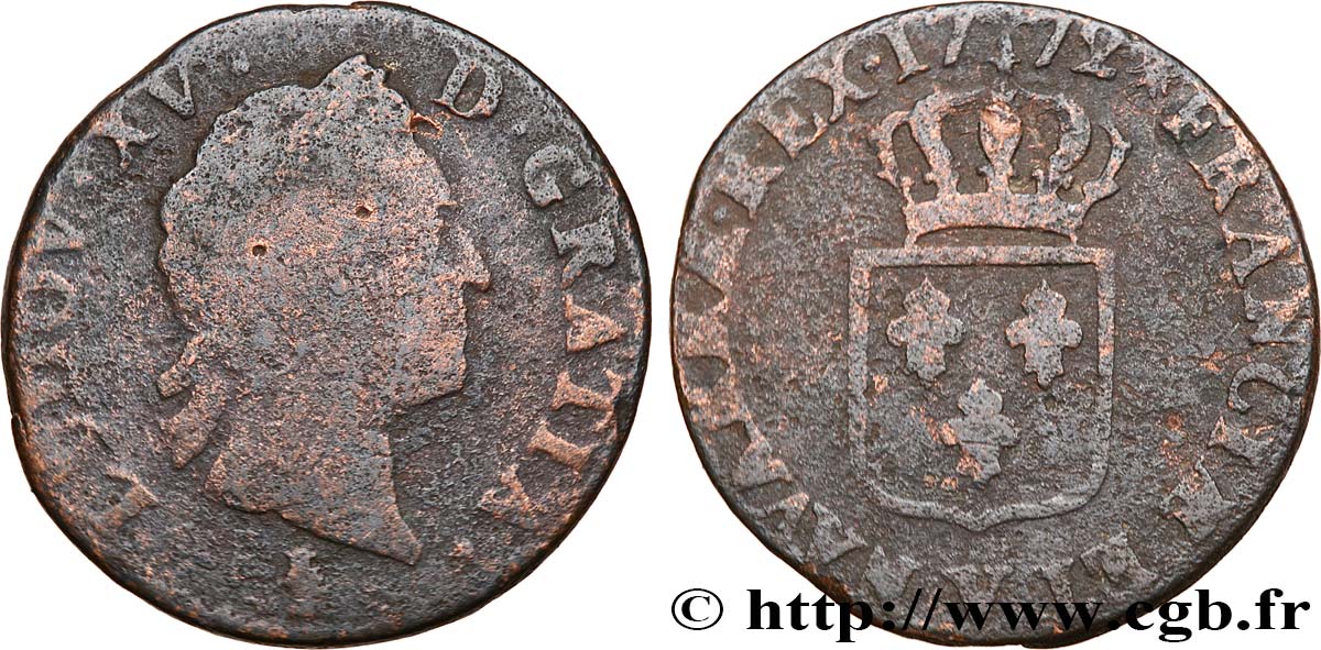 LOUIS XV DIT LE BIEN AIMÉ Sol dit &nbsp;à la vieille tête&nbsp; 1772 Troyes B+