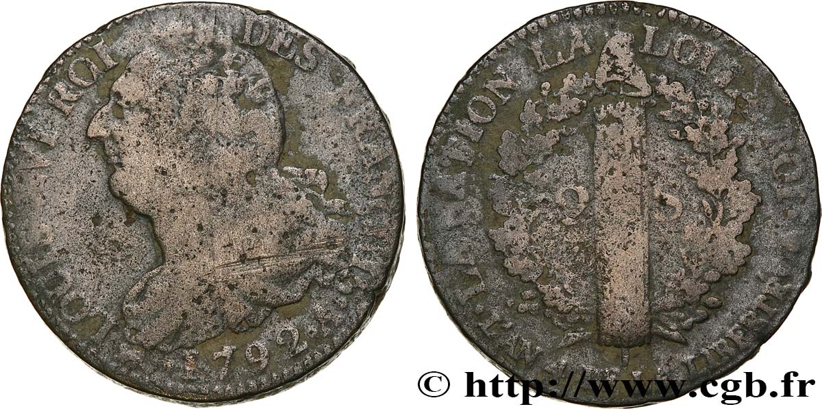 LOUIS XVI (MONARQUE CONSTITUTIONNEL)  2 sols dit &nbsp;au faisceau&nbsp;, type FRANÇOIS 1792 Paris TB