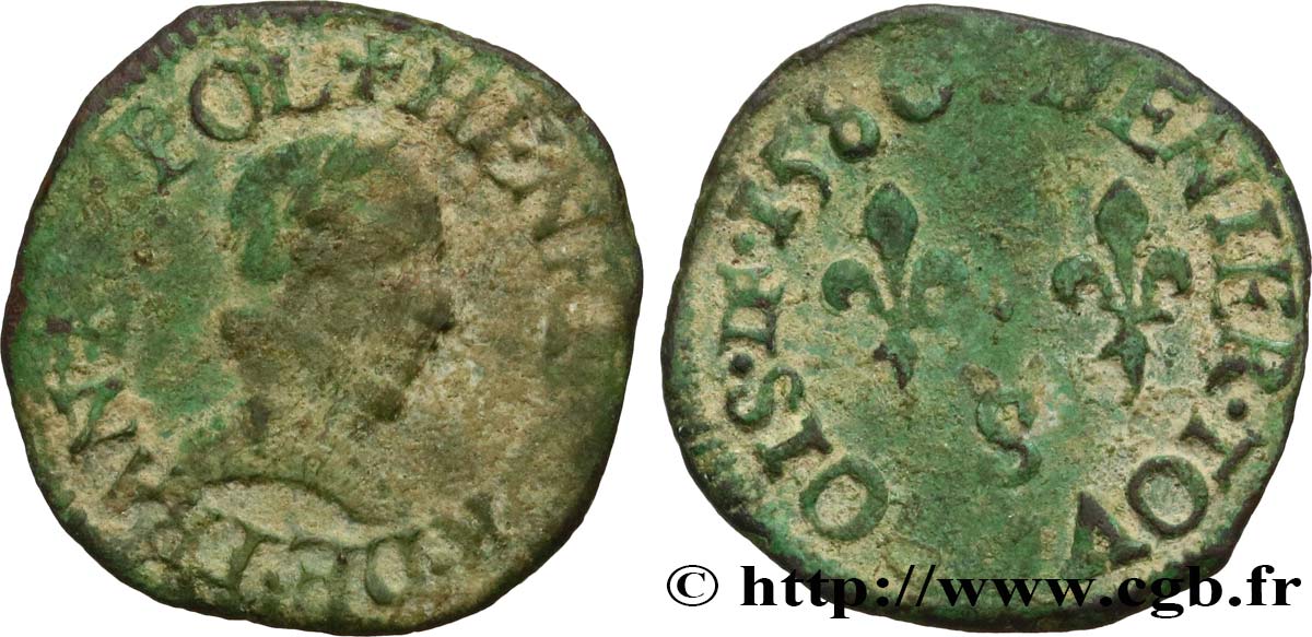 HENRY III Denier tournois, type de Troyes 1586 Troyes S/SS