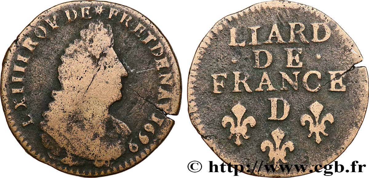LOUIS XIV  THE SUN KING  Liard, 3e type, buste âgé 1699 Lyon VF