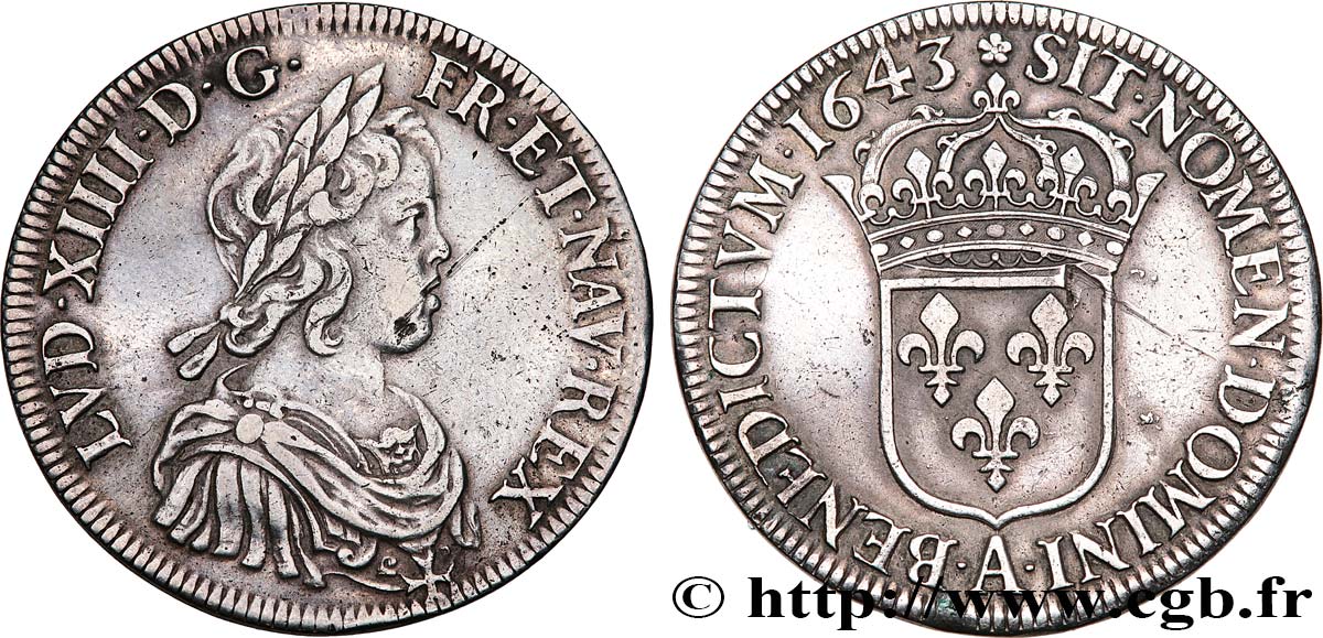 LOUIS XIV LE GRAND OU LE ROI SOLEIL Écu à la mèche courte 1643 Paris, Monnaie de Matignon TTB/TTB+
